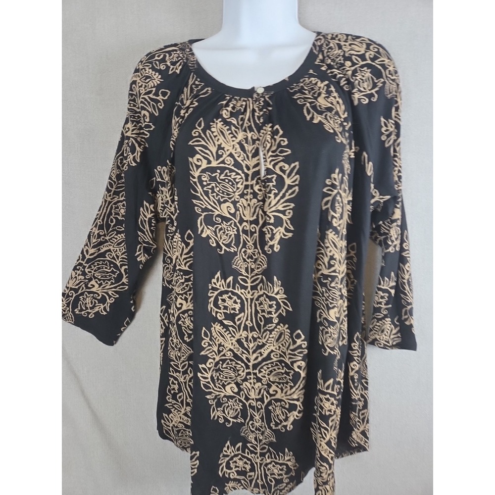 Lucky Brand Tunic‎ 1X Blouse Top Black Tan Peasant Boho Romantic Party Gypsy NEW